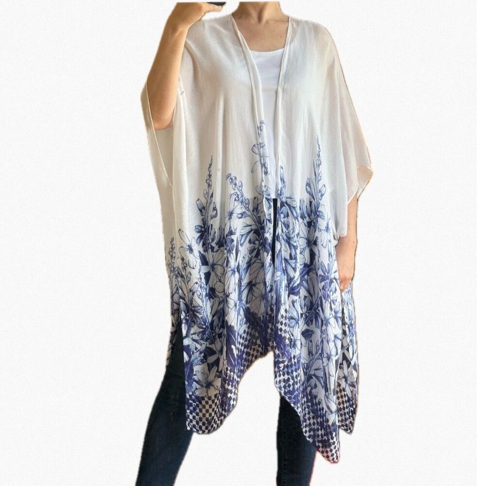Blue White Floral Toile Rayon Gauze Kimono Swim Coverup Poncho Cardigan OS MIXIT